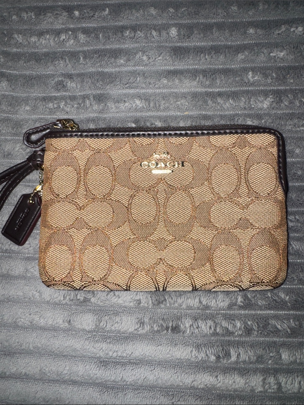 Coach Brown Signature Canvas Zip Wristlet with Leather Strap